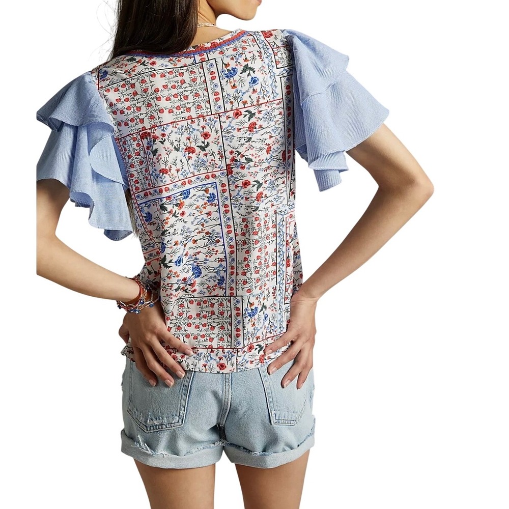 Anthropologie Let Me Be Flutter‎ Sleeve Top Patchwork Floral Size XS Cotton Boho - Picture 11 of 11
